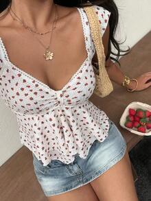 SHEIN EZwear Áo thun nữ dệt kim họa tiết, tay ngắn, viền bèo nhún, cổ tim, kiểu dáng thanh lịch, thích hợp cho các buổi tiệc rave. - Nhiều màu - Xem 6