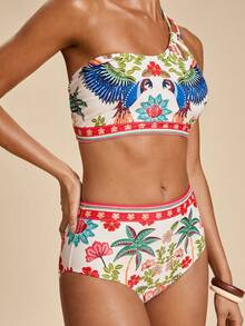 SHEIN TRVLCHIC Bộ bikini hai mảnh họa tiết cây nhiệt đới và vẹt dành cho nữ, thích hợp cho kỳ nghỉ hè ở bãi biển. - Nhiều màu - Xem 7