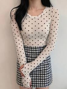 DAZY 女士波点印花圆领修身打底T恤 - 米色 - 查看 4