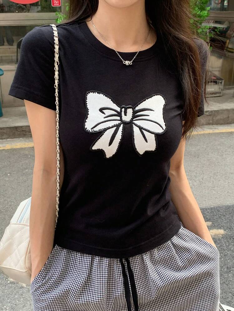 Women's Summer Round Neck Short Sleeve Bow Print Casual T-Shirt