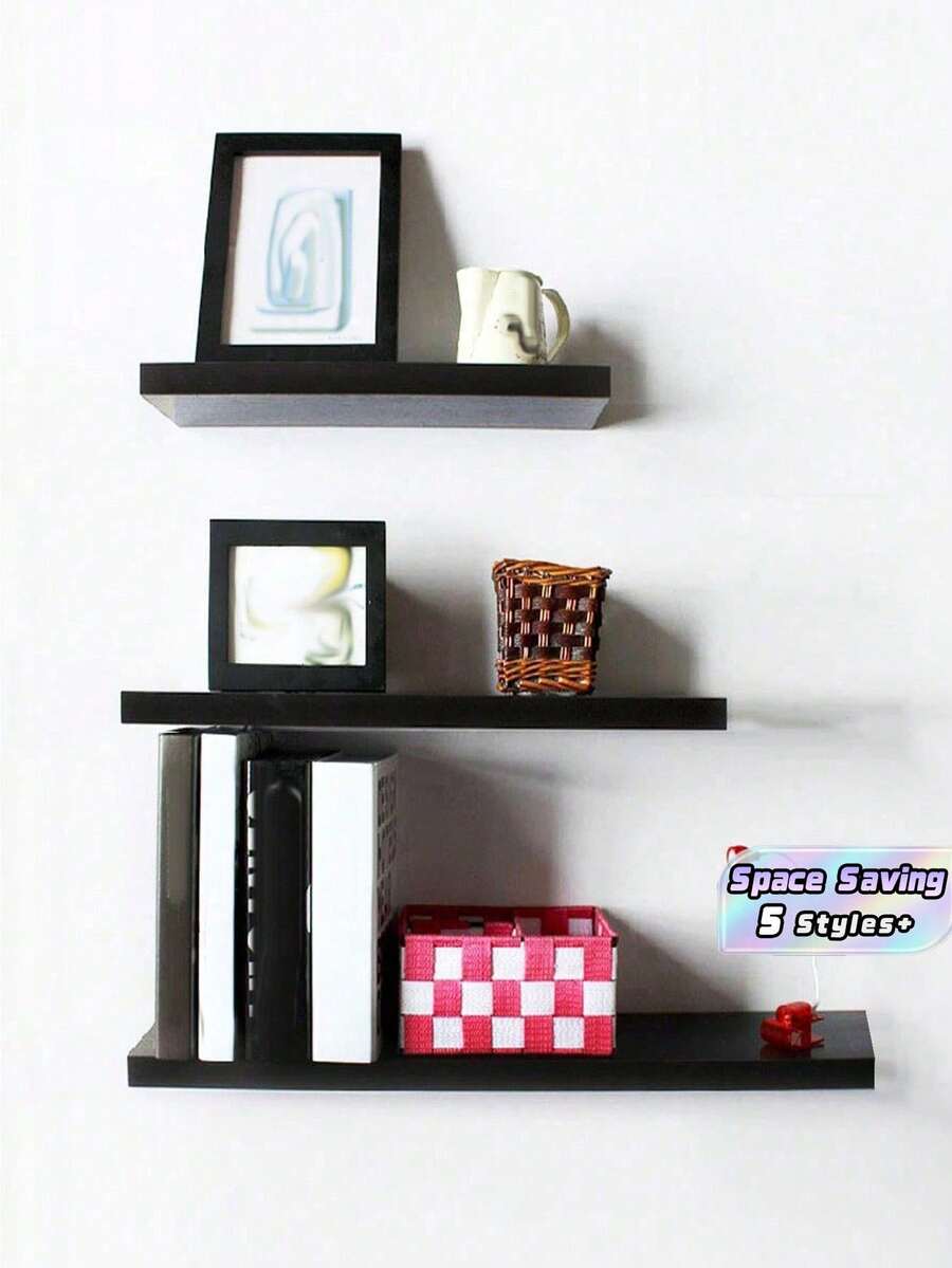 1PC Long Creative Wall Mounted Floating Shelf Sturdy Storage Shelving Unit For Living Room Background Wall Decoration Minimalist Home Decor Wall Shelf Organizer Space Saving Wall Mount Rack - Black - View 1