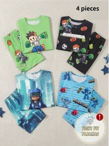 4 Stück/2 Sets Jungen Lustiger Cartoon Muster Strick Kurzarm Top und Shorts Pyjama Set, bequem, hautfreundlich, eng anliegend, geeignet für den Sommer - Verschiedenfarbig - Übersicht 3