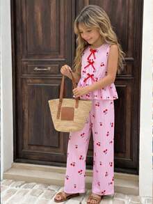 女童两件套樱桃印花套装，粉白条纹无袖荷叶边上衣配蝴蝶结装饰+阔腿裤，大童休闲夏季可爱水果图案，松紧腰带，透气面料，适合青少年女孩日常穿着、度假、海滩、上学、生日派对，2026新款 - 粉色 - 查看 3