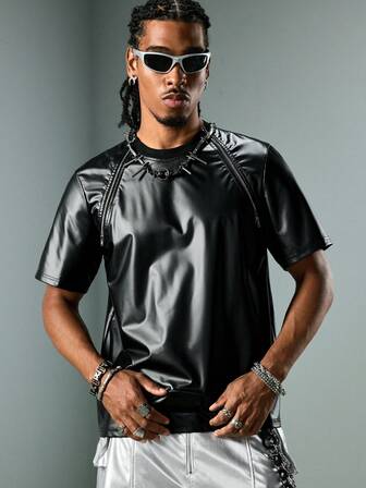 Street Life T-shirt d'été à la mode à manches courtes et col rond pour homme, en PU, coupe ajustée et polyvalente.