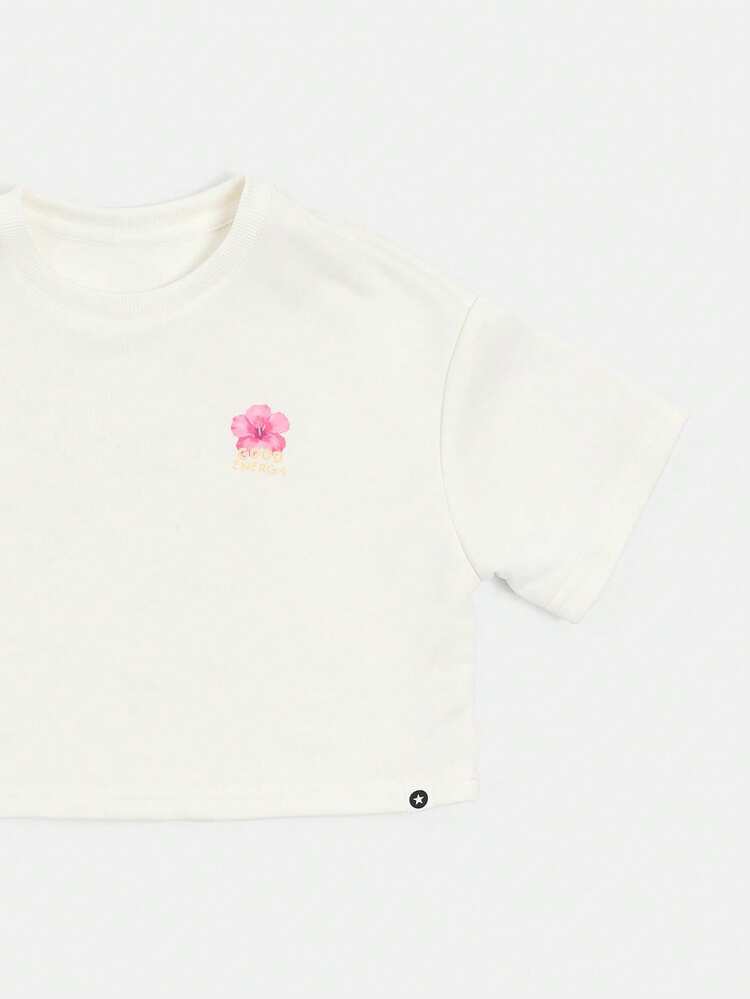 Camiseta de manga corta con cuello redondo, estampado floral de hibisco recortado, energía positiva, para verano, vacaciones, festivales, uso casual diario
