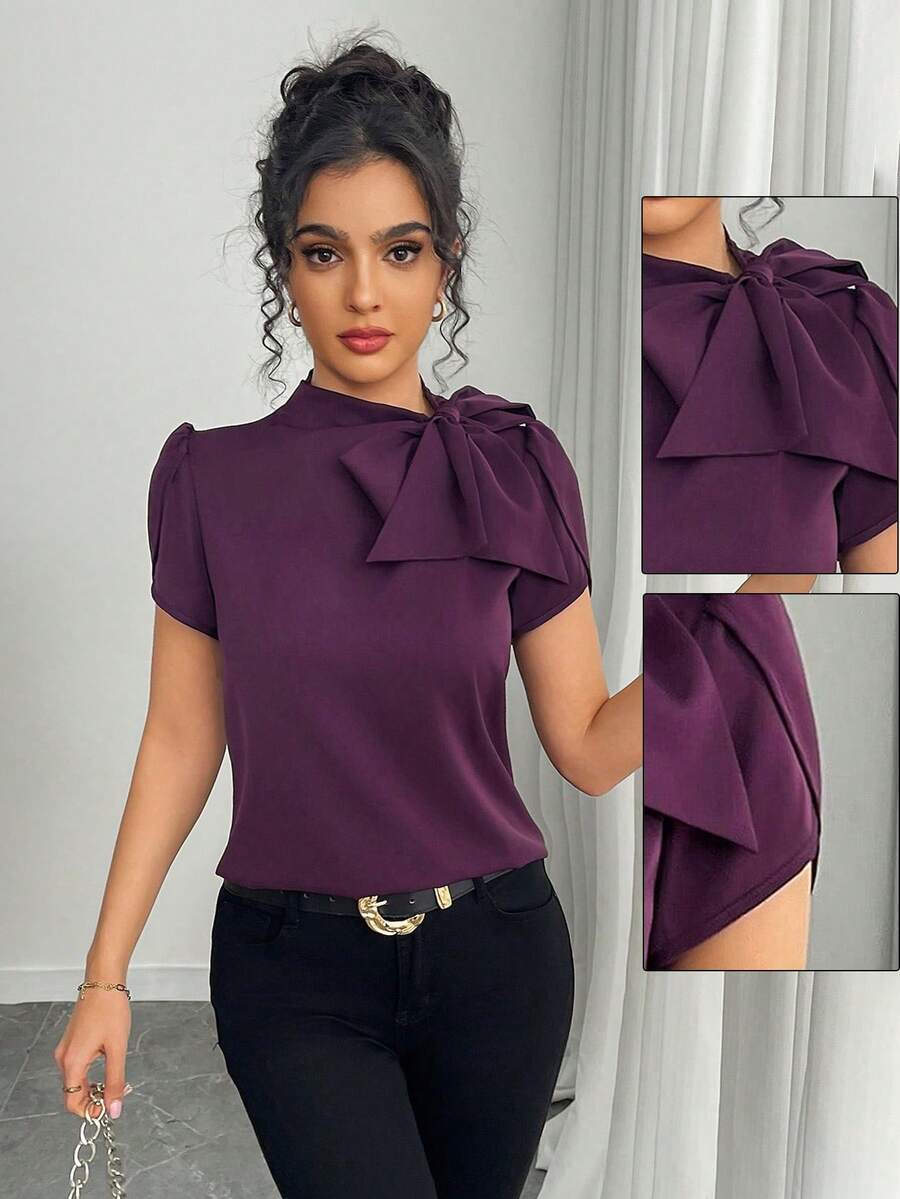SHEIN Tall Women's Dark Purple Bow-Tie Blouse,Stand-Up Collar,Short-Sleeved Satin Chiffon,Summer Elegant Office Sophisticated Versatile Casual Wear, Tall Women - Purple - View 1