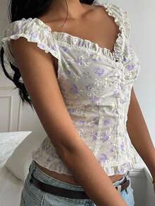 CovetEZ Women's Casual Floral Ruffle Trim Single-Breasted Shirt, Purple - Purple - View 3