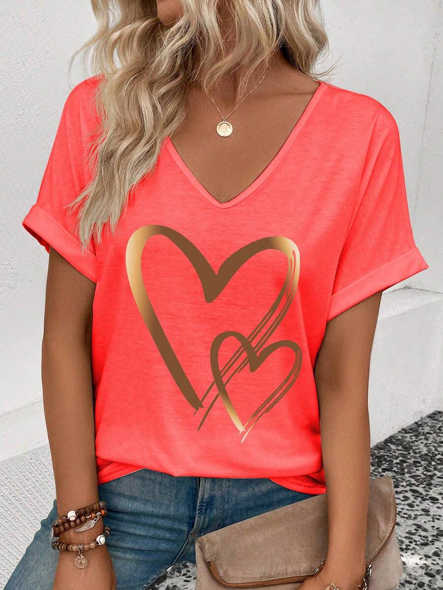 EMERY ROSE Women's Casual Retro Neon Red V-Neck Cuffed Sleeve T-Shirt With Heart Print - Red - View 1
