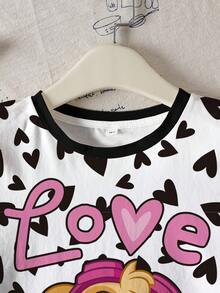 SHEIN | PAW Patrol 少女休闲度假通勤可爱卡通爱心字母印花短袖T恤，夏季 - 白色 - 查看 5