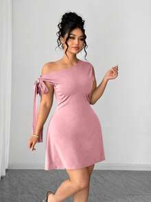 Elenzga Đầm nữ cỡ lớn kiểu dáng đi biển mùa hè, màu trơn, cổ bất đối xứng, eo xoắn. - Hồng - Xem 5