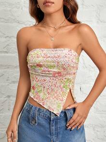 SHEIN PETITE Regata Tubinho Rosa de Tule com Estampa Floral Plissada e Bainha Assimétrica - Multicolorido - Visão 8