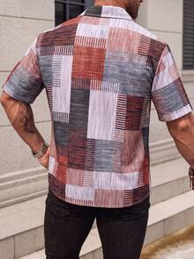 Manfinity Homme Plus Size Men's Summer Casual Vacation Style Patchwork Print Short Sleeve Shirt - Multicolor - View 2