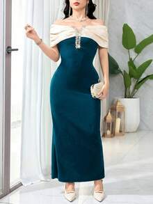 Feyla Women's Elegant Party Banquet Contrast Color Off-Shoulder Rhinestone Decor Fitted Dress, Summer - Teal Blue - View 5