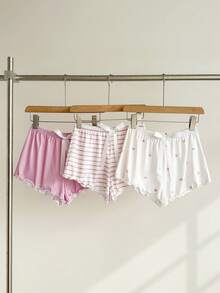 SHEIN 3pcs Bow Tie & Striped Print Colorful Knit Women Pajama Bottoms - Multicolor - View 3
