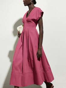 Aveloria Modichic Oversized Padded Shoulder Cap Sleeve Cinched Waist Pleated Dress, Beige Tone Long Dress For Women - Pink - View 5