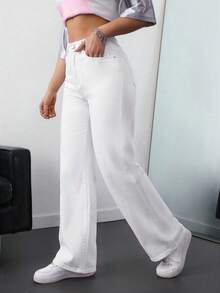 Jeans droits en coton 100% de couleur unie pour femmes - Blanc - Voir 5