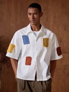 AKNOTIC Men's Fashion Casual Color Clash Applique Embroidered Button Up White Boxy Shirt, For Summer - White - View 1