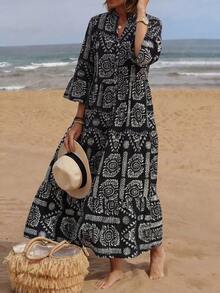 SHEIN Holidaya Đầm nữ in họa tiết cây cỏ, thích hợp cho kỳ nghỉ, phong cách thường ngày. - màu đen - Xem 3