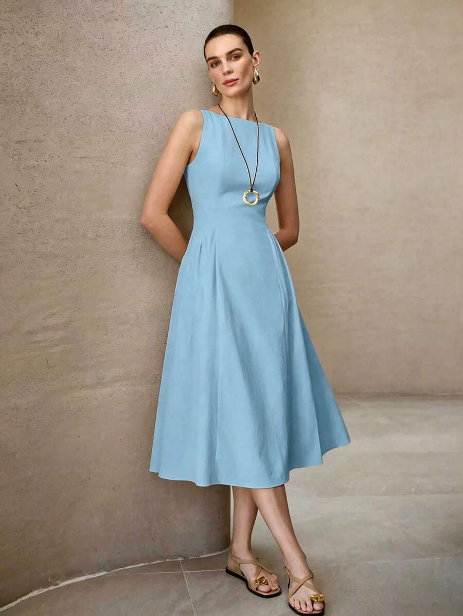 MOTF PREMIUM SOLID SLIM WAIST SLEEVELESS MIDI DRESS - Blue - View 1