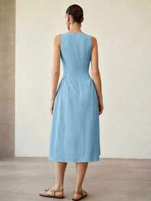 MOTF PREMIUM SOLID SLIM WAIST SLEEVELESS MIDI DRESS - Blue - View 2