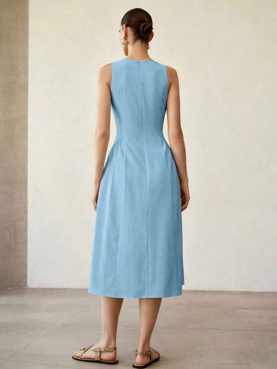 MOTF PREMIUM SOLID SLIM WAIST SLEEVELESS MIDI DRESS - Blue - View 2