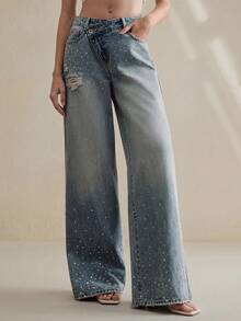 Anewsta Women's Fashion Rhinestone Embellished Straight Leg Pants - Blue - View 7