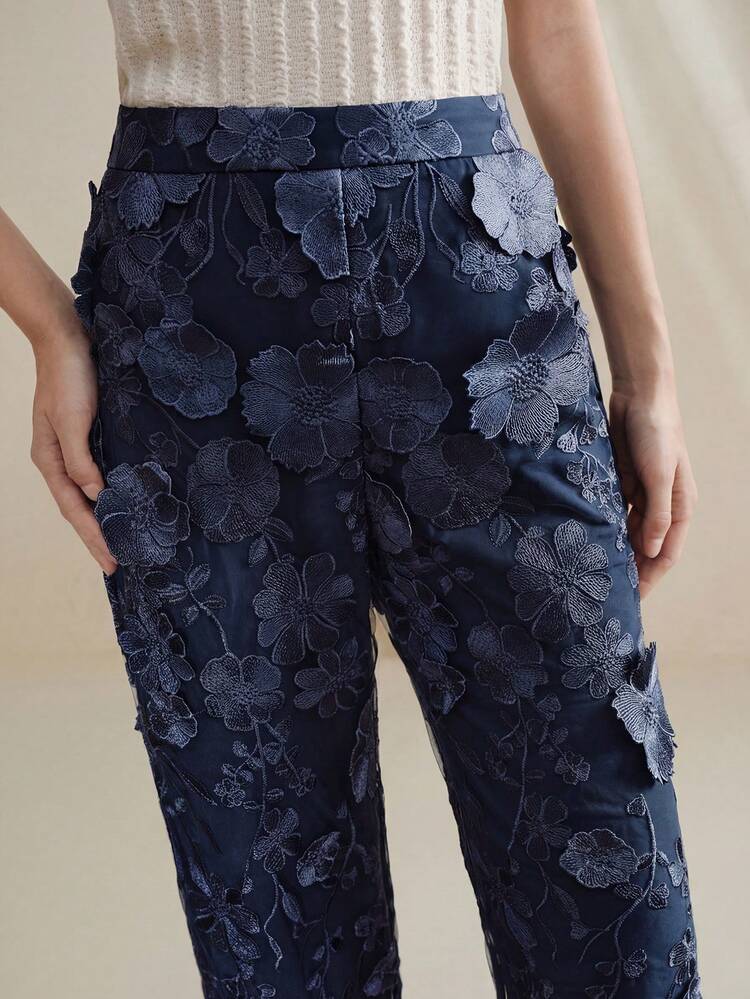Women's Elegant Gradient 3D Floral Print Wide Leg Pants, Suitable For Spring/Summer, Navy Blue