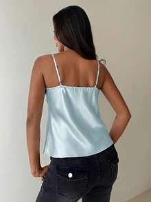 Aloruh Women's Elegant Sexy Lace Patchwork Satin Camisole - Baby Blue - View 2