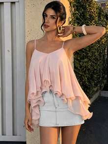 Firerie 女士优雅度假吊带衫，粉色雪纺宽松荷叶边下摆衬衫，适合海滩、度假、日常休闲通勤、夏季穿着 - 淺粉色 - 查看 7