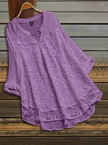 Linhara Camisa de talla grande con cuello con muesca, unicolor y bordado floral - Púrpura malva - Ver 1