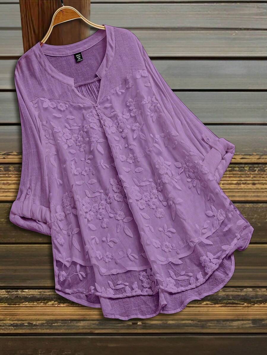 Linhara Camisa de talla grande con cuello con muesca, unicolor y bordado floral - Púrpura malva - Ver 1