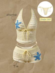 Elavelle Women's Jacquard Fabric Side Tie Bikini Bottom, Spring/Summer - Yellow - View 1
