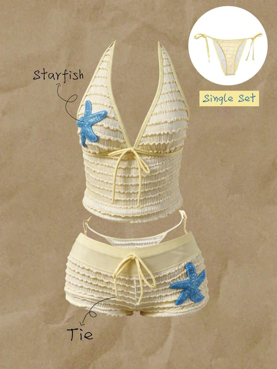 Elavelle Women's Jacquard Fabric Side Tie Bikini Bottom, Spring/Summer - Yellow - View 1