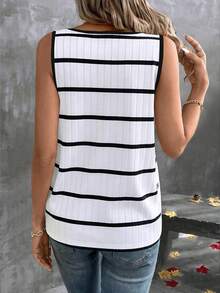 top de tirantes casual y versátil con cuello en V, estampado de bloques de color y rayas para mujer, primavera/verano - Multicolor 2 - Ver 2