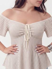 Áo thun hở vai họa tiết sọc boho phong cách boho mùa xuân/hè cổ điển, ngày lễ, ngày của mẹ, phụ nữ đi nghỉ, áo hở vai mùa hè - Màu be - Xem 7