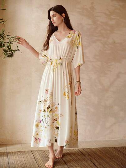 MOTF PREMIUM Đầm ngủ nữ bằng cotton in hoa, cổ chữ V, eo chun, thích hợp cho mùa xuân/hè.