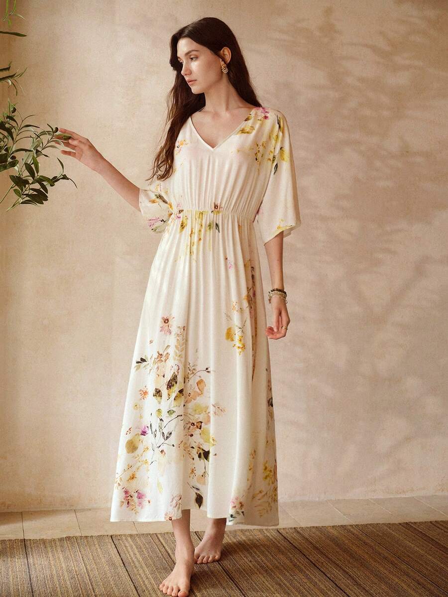 MOTF PREMIUM Đầm ngủ nữ bằng cotton in hoa, cổ chữ V, eo chun, thích hợp cho mùa xuân/hè. - Màu be - Xem 1