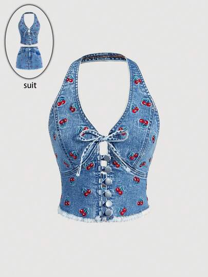 SHEIN MOD Áo kiểu nữ casual thêu hoa anh đào, cài cúc phía trước, hở lưng, cổ yếm, thích hợp cho mùa hè.
