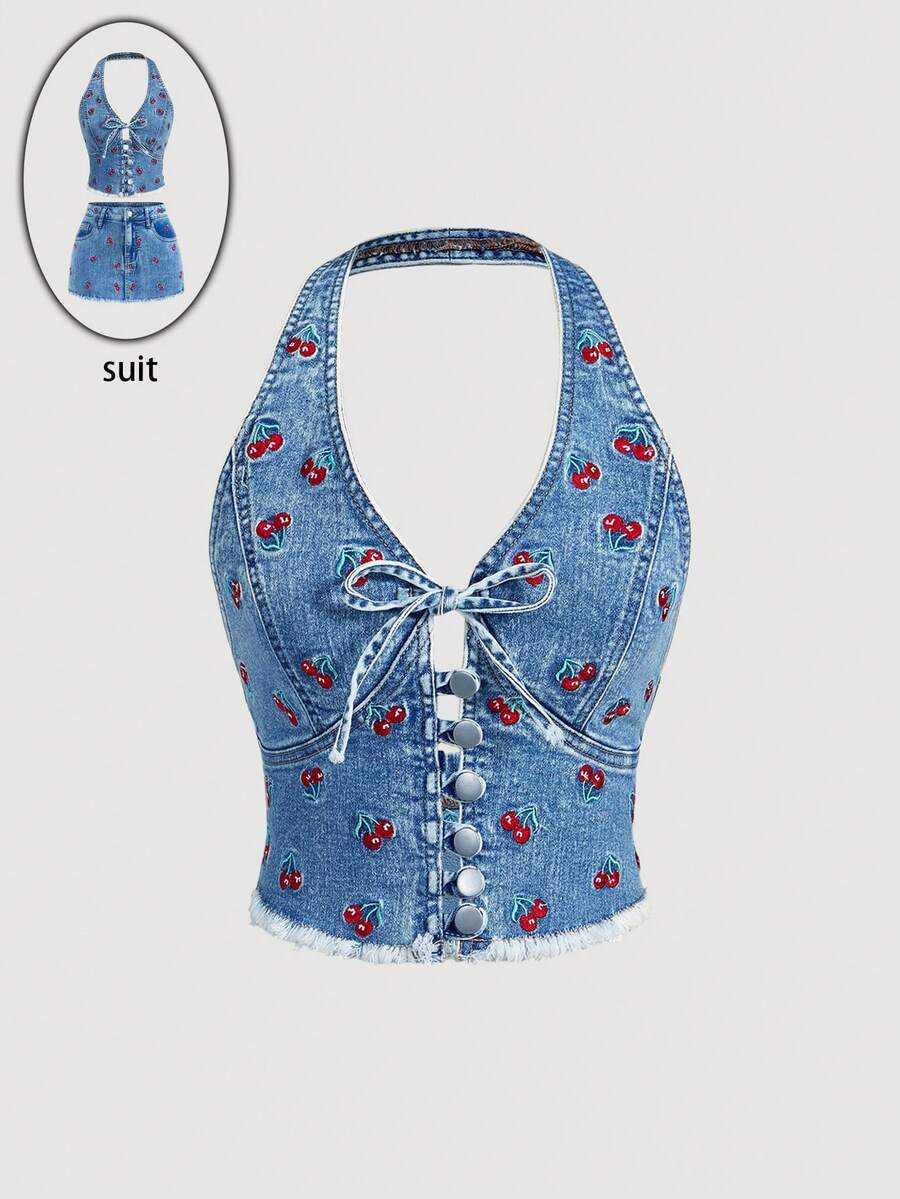 SHEIN MOD Áo kiểu nữ casual thêu hoa anh đào, cài cúc phía trước, hở lưng, cổ yếm, thích hợp cho mùa hè. - Màu xanh lam - Xem 1