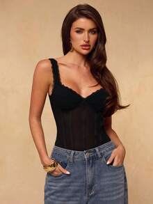 SHEIN BAE Áo hai dây lưới co giãn màu đen, áo corset nữ, áo ngực đen, áo tank top nữ, áo lót mùa xuân/hè, thích hợp cho tiệc tùng, cocktail, áo liền thân gợi cảm - màu đen - Xem 4