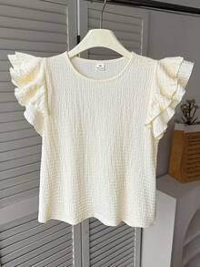 SHEIN Tween Girls'Apricot Textured Woven Round Neck Ruched Ruffle Trim Fitted Casual Top,White,Summer,Elegant,Graduation,Vacation Style,Spring Outing - Apricot - View 7