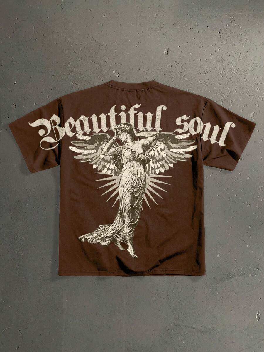 StoneGrade Men's Casual Fashion Street Angel Letter Print Short Sleeve T-Shirt, Suitable For Daily Commute In Summer - Brown - View 1