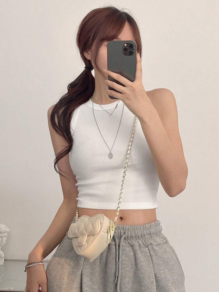 Women's Solid Color Crew Neck Tight Cropped Tank Top, Versatile For Summer