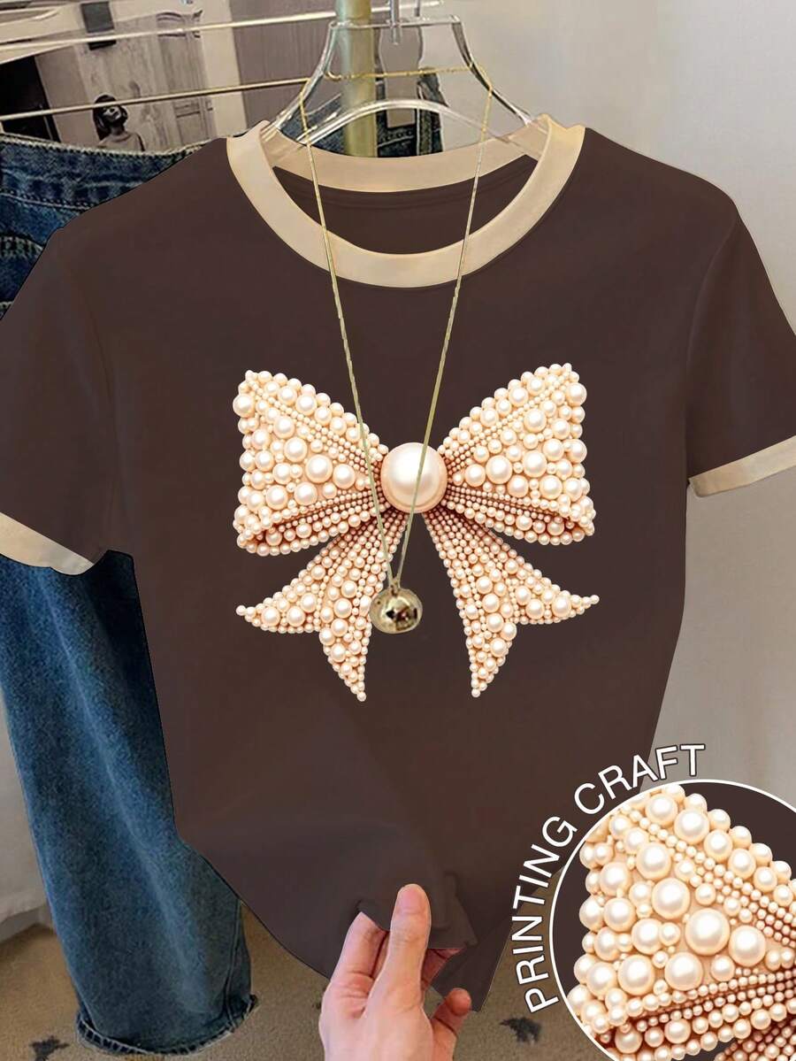 SHEIN 女士蝴蝶结印花撞色圆领短袖T恤 - 咖啡棕 - 查看 1