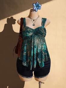 SHEIN ICON Blusa de tirantes de talla grande con estampado de paisley para vacaciones - Multicolor - Ver 4