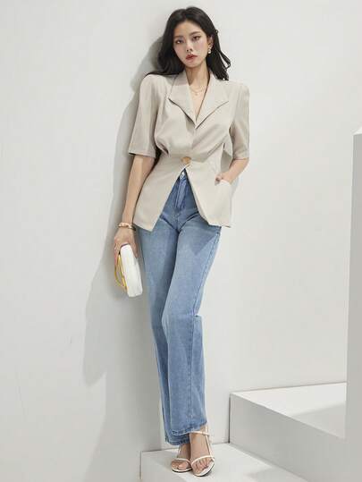 Heiryn Women's Solid Color Short Sleeve Single-Button Casual Thin Blazer