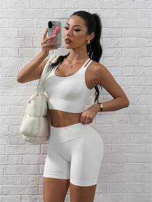 Gameset SHEIN Sport 2件装女士简约纯色交叉背带运动文胸 - 彩色 - 查看 3