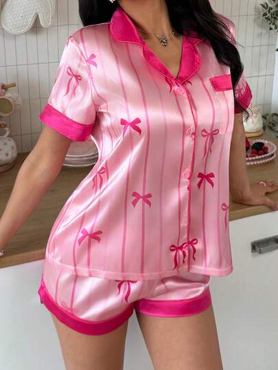 Sweet & Cute Bowknot Striped Print Lapel Cardigan Pajama Set For Women, Vibrant & Romantic