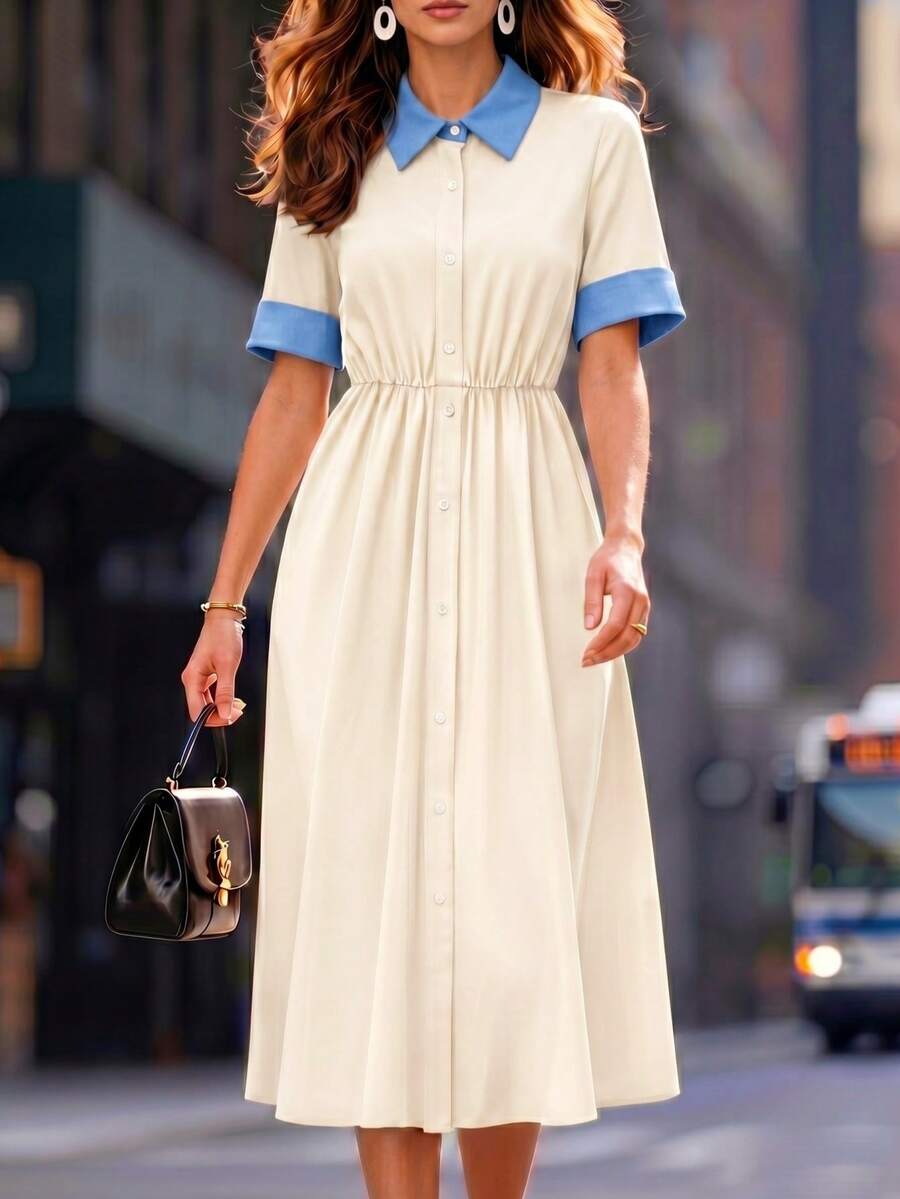 EMERY ROSE Women's Summer Casual Color Block Button Front Shirt Dress - Apricot - View 1