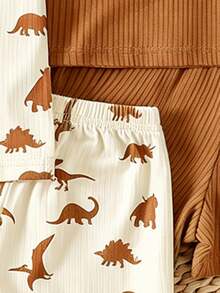 SHEIN Playful Pals 6pcs/Set Newborn Baby Boy Basic Round Neck Elastic Waist Cute Animal Print & Striped Short Sleeve T-Shirt And Shorts Set, Summer - Brown - View 4